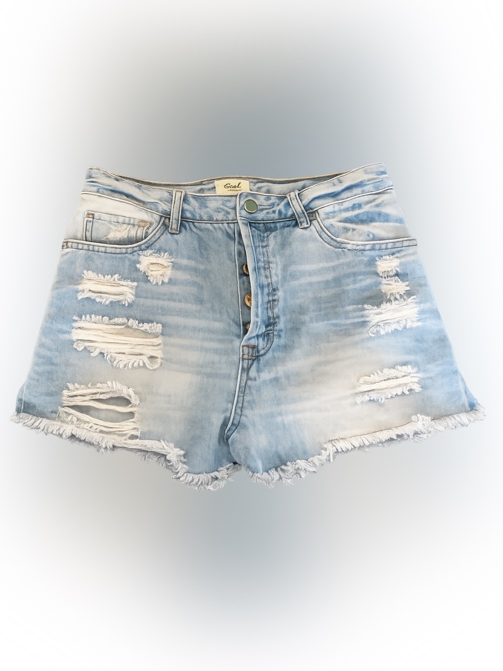 Easel Distressed Denim Shorts Small Light Wash High Rise Button Fly Frayed Hem